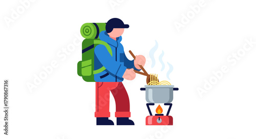 Adventurer Prepares Food Outdoors Enjoying Cooked Meal With Camping Stove Illustration