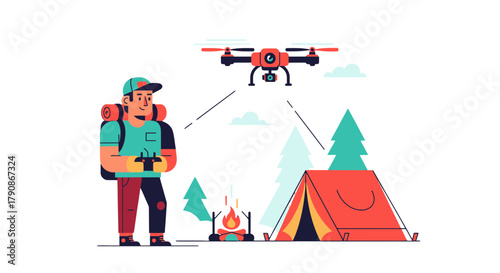 Adventurer Using Drone at Campsite for Captivating Aerial Photography of Nature