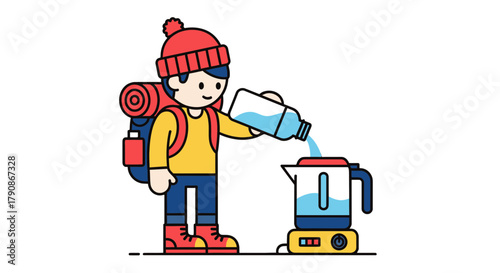 Adventurer Prepares Drink By Pouring Water Into Kettle Under A Black Backdrop