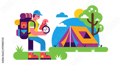 Adventurer Using Compass to Find Direction While Camping in Beautiful Nature Scene