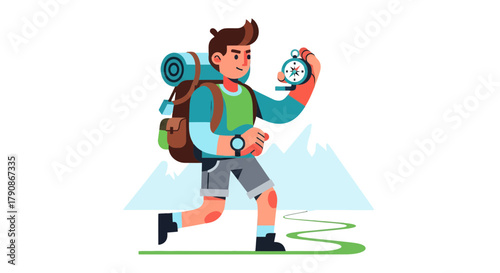 Adventurer Using Compass Traveling Through Mountainous Landscapes With Backpack, Seeking Adventure