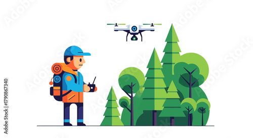 Adventurer Using Drone in Forest, Aerial Forest Exploration Technology and Nature Unity Concept