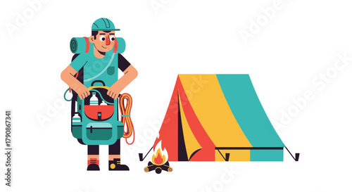 Adventurer Prepares For Camping Trip Near Tent Ready For Adventure In The Wilderness