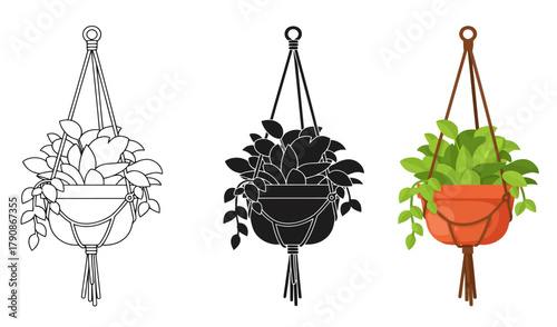 Hanging Plant Vector Illustration in Line Art and Silhouette Style for Botanical Designs and Interior Decor Projects Simple Black and White Design