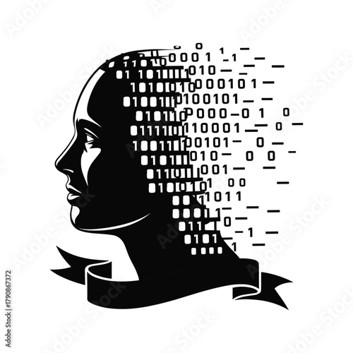 Human head silhouette with digital data fragments dissolving from the hair and a ribbon banner profile