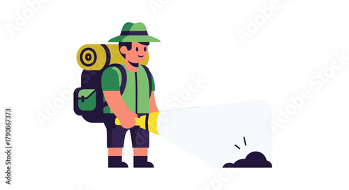 Adventurer Using Flashlight Exploring Dark Territory With Backpack Expedition Illustration