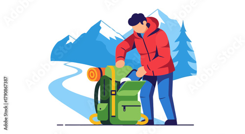 Adventurer Prepares For Expedition With Backpack Amidst Majestic Mountain Scenery