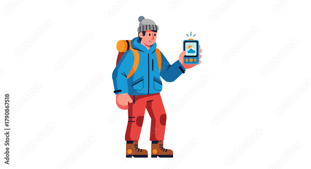 Fototapeta premium Adventurer Using Smartphone Outdoors Showing The Current Weather Forecast Illustration