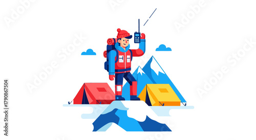 Adventurer Using Radio Communicating During Camping Expedition On Mountains Peak