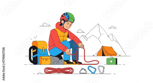 Adventurer Prepares For The Climb In A Mountainous Landscape With Essential Gear Ready For Survival