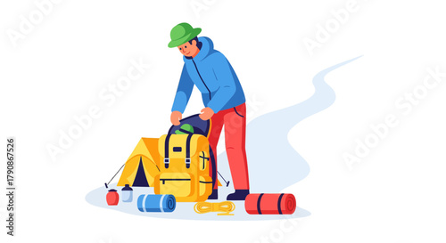 Adventurer Prepares For The Journey Adventure With Backpack And A Tent In The Wilderness