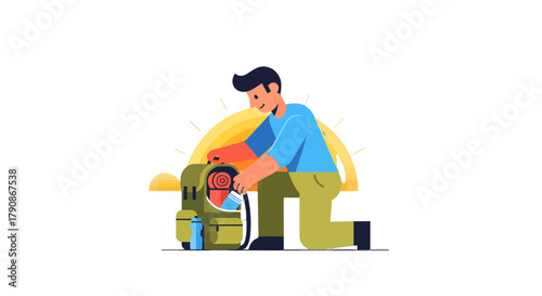 Adventurer Prepares For The Journey Adventure With Backpack And The Bright Sunshine