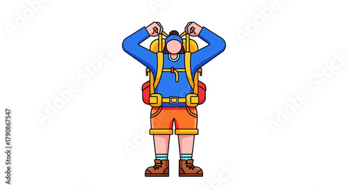 Adventurer Prepares For The Journey: Cartoon Illustration On A Black Background Adventure Concept