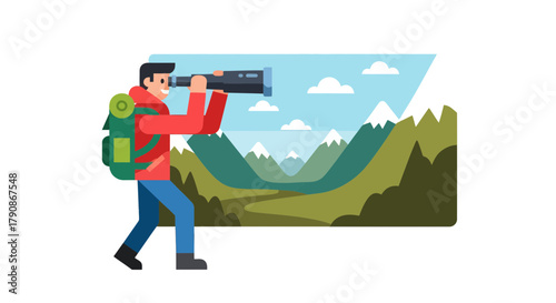 Adventurer Using Telescope to Observe Mountain Landscape in Flat Vector Style
