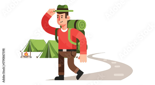 Adventurer Walking Towards Camp On Roadway, Enjoying Excursion In Wilderness Setting