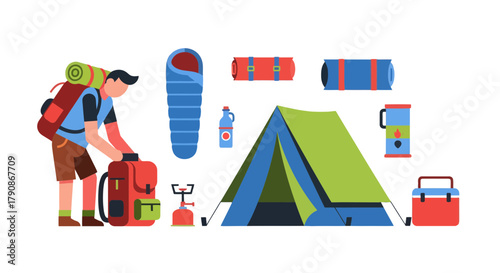 Adventurer Prepares For The Journey With Essential Camping Gear On Black Background