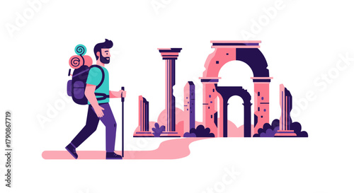 Adventurer Wandering Through Ancient Ruins With Backpack And Walking Stick