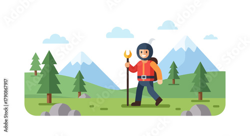 Adventurer Wandering Through Serene Mountain Landscape With Stylized Trees and Clouds