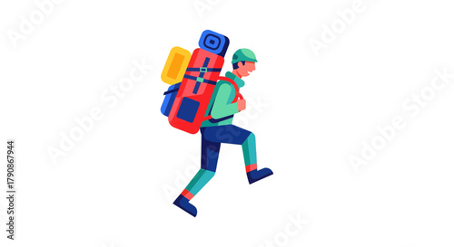 Adventurer With Backpack Ascending, Illustration Depicting Travel and Outdoors Activities