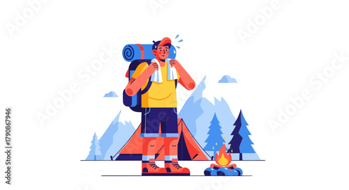 Adventurer Prepares For The Night In The Wilderness Amongst Mountains And Trees