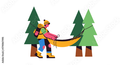 Adventurer Prepares Hammock Between Trees Amidst Forest Illustration Silhouette