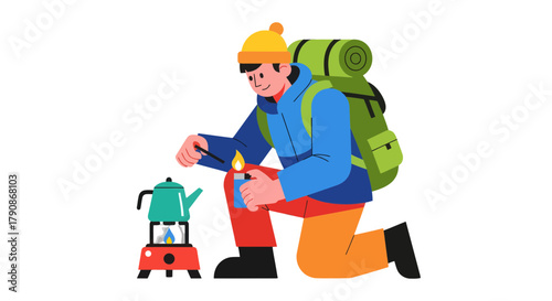 Adventurer Prepares Meal over Camp Stove for Remote Expedition