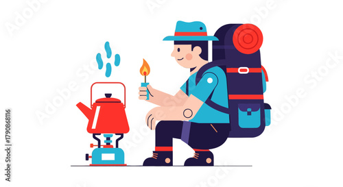 Adventurer Prepares Meal Over Fire, Isolated Against Backdrop of Darkness