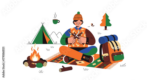 Adventurer Prepares Kindling, Enjoying Campfire, Near Tent, Vector Illustration