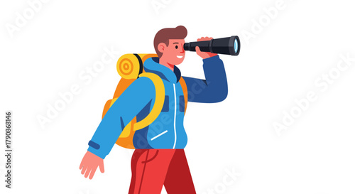 Adventurer With Backpack Exploring The Horizon Using Monocular On A Black Background