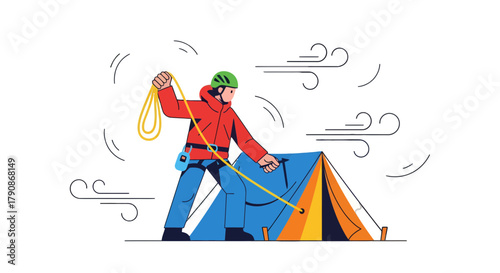 Adventurer Prepares Tent On Mountain, Vector Illustration Of Outdoor Camping Activity Action