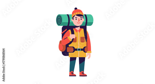 Adventurer With Backpack Ready For A Journey In The Great Outdoors, Minimalist Design