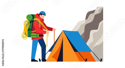 Adventurer Prepares To Setup His Tent For Camping In The Mountains During The Day