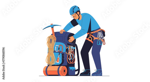 Adventurer Preparing For Ascent: Inspecting Gear, Ready To Conquer High Elevations