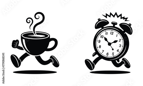 Steaming coffee cup and alarm clock running together Keywords: coffee, cup, alarm clock, running, time, morning, wake up, energy, caffeine, hot, steam, breakfast, rush, speed, black and white