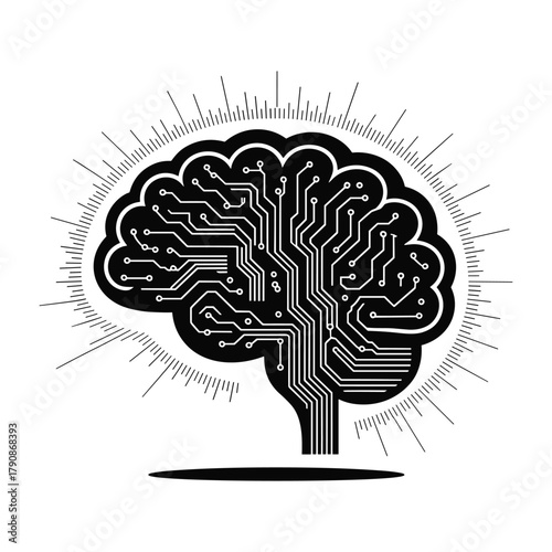 Stylized black brain silhouette with integrated circuit pathways and radiating lines white