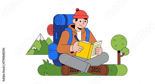 Adventurer Reading Beside Mountains and Trees Enjoying Peaceful Reflection Time