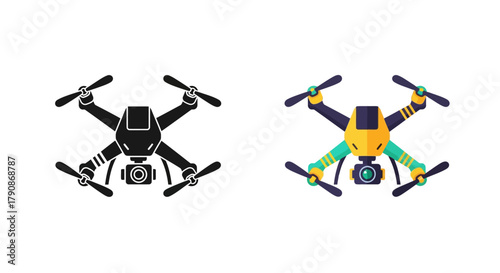 A detailed illustration of a drone in both black and colorful variations