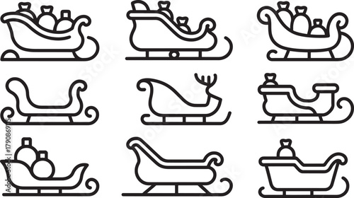 Collection of nine black outline Christmas sleigh icons with gifts and reindeer motifs Keywords: Christmas, sleigh, Santa Claus, gifts, presents, winter, holiday, festive, transport, vehicle