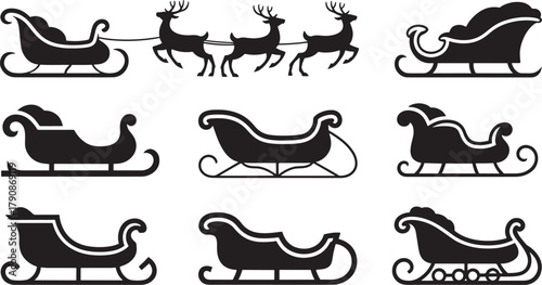 Collection of Black Silhouettes of Santa's Sleighs and Reindeer christmas holiday