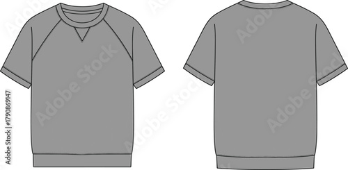 Short sleeve sweatshirt front and back flat sketch, raglan crew neck pullover with ribbed cuffs hem neckline, apparel technical drawing cad vector