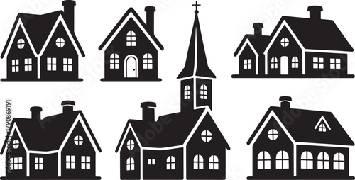 Six black silhouette icons of houses and a church building with chimneys and windows Keywords: house, home, building, church, architecture, silhouette, icon, symbol, residential, religious