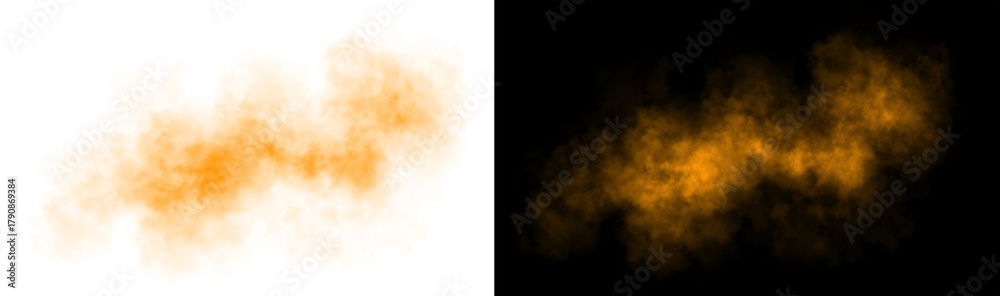 Fototapeta premium Realistic orange smoke cloud with soft edges and transparent texture shown on white and black backgrounds for design use