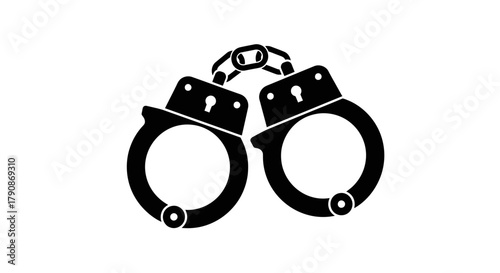 A stark black and white illustration of a pair of closed handcuffs