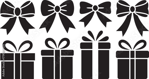 Collection of Black Silhouettes of Gift Boxes and Bows on White Background present ribbon