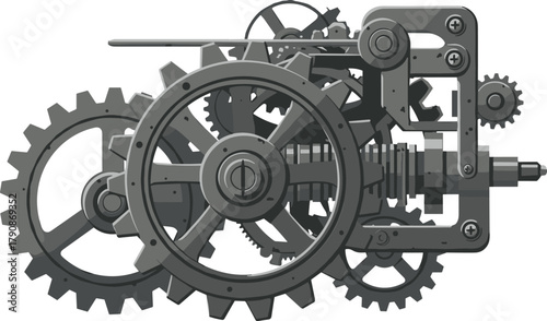 Flavector, mechanical gear assembly, industrial machinery system, precision engineering design, complex gear mechanism, machine components illustration, spur and bevel gears, engineering technology
