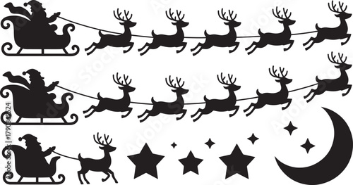 Santa Claus in Sleigh Pulled by Reindeer with Moon and Stars Silhouettes Keywords: santa claus, santa, sleigh, reindeer, moon, stars, night, christmas, holiday, winter, season, december