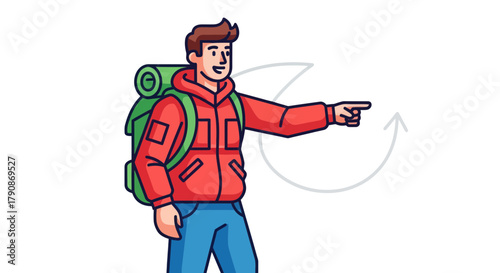 Adventurer's Guidance: Directional Illustration with Backpack Pointer and Arrow