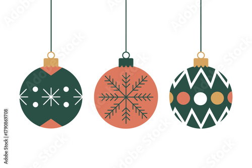 Three festive Christmas ornaments hang against a white background.