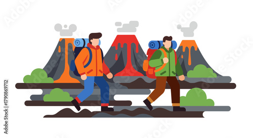 Adventurers Traverse Dangerous Terrain Near Active Volcanoes In A Stylized Illustration