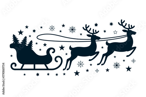 Santa's sleigh pulled by reindeer in a snowy night sky, conveying winter holidays.
